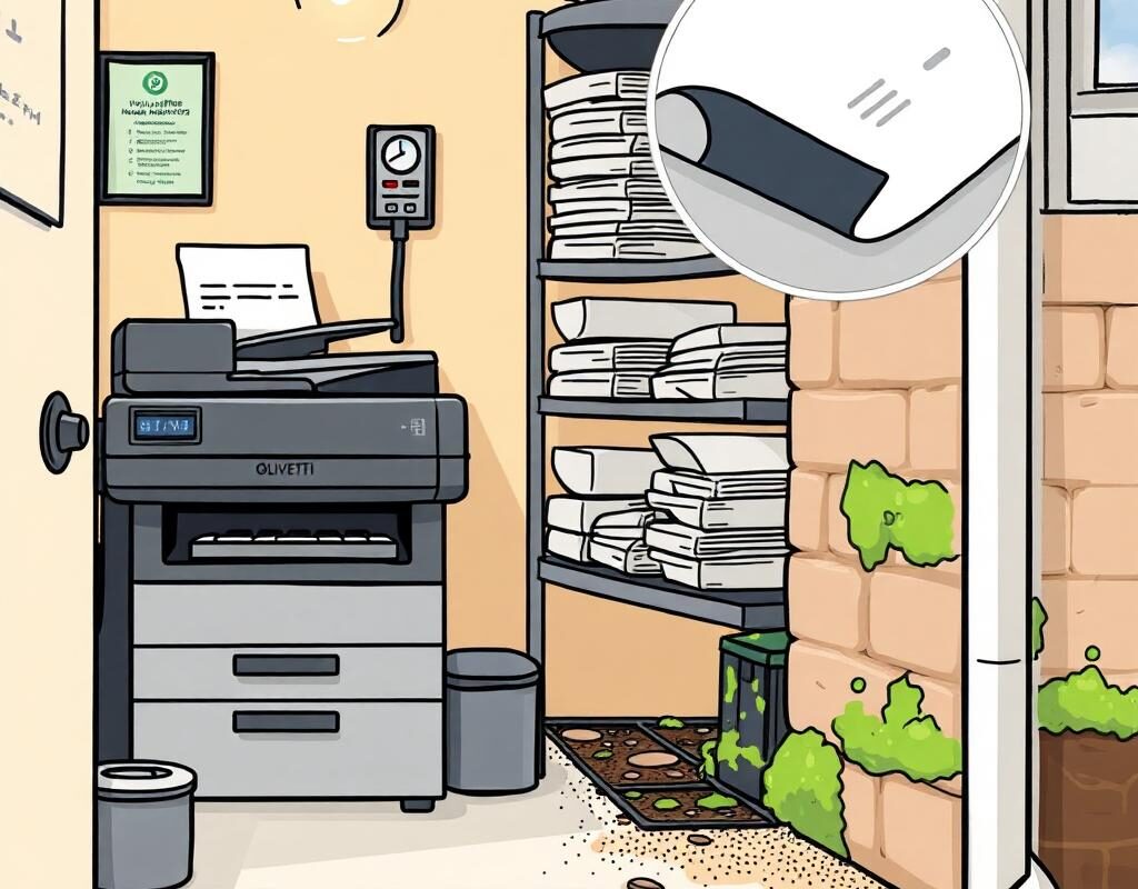 Cartoon showing printer, paper on racking and stone wall with bad drainage