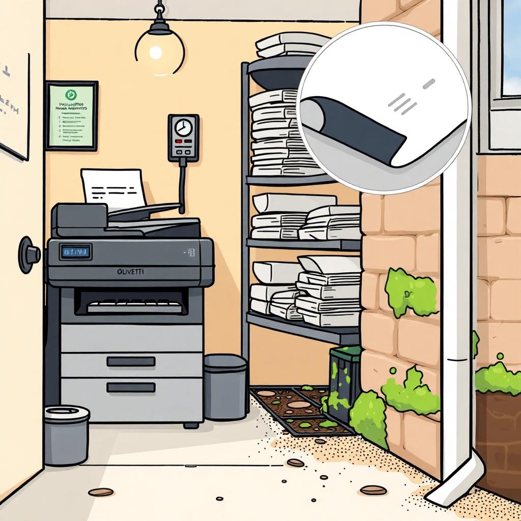 Cartoon showing printer, paper on racking and stone wall with bad drainage