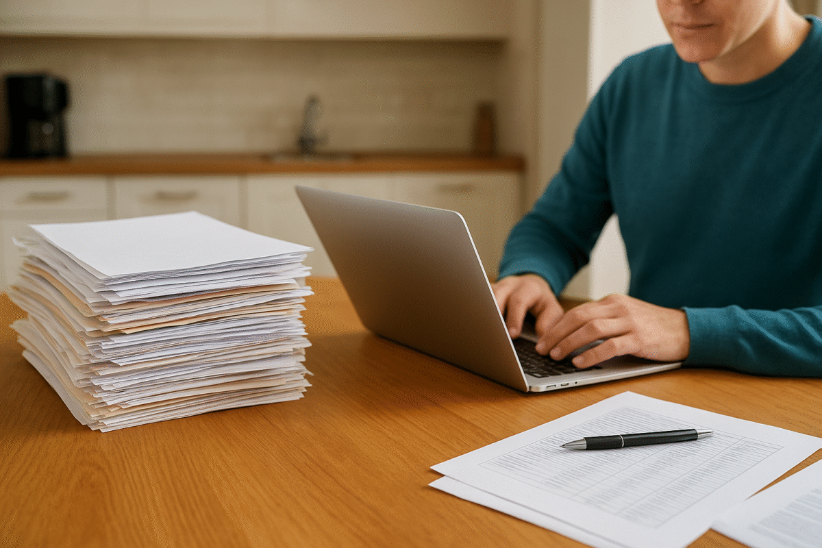 Photo of paperwork on kitchen table and someone working on a laptop