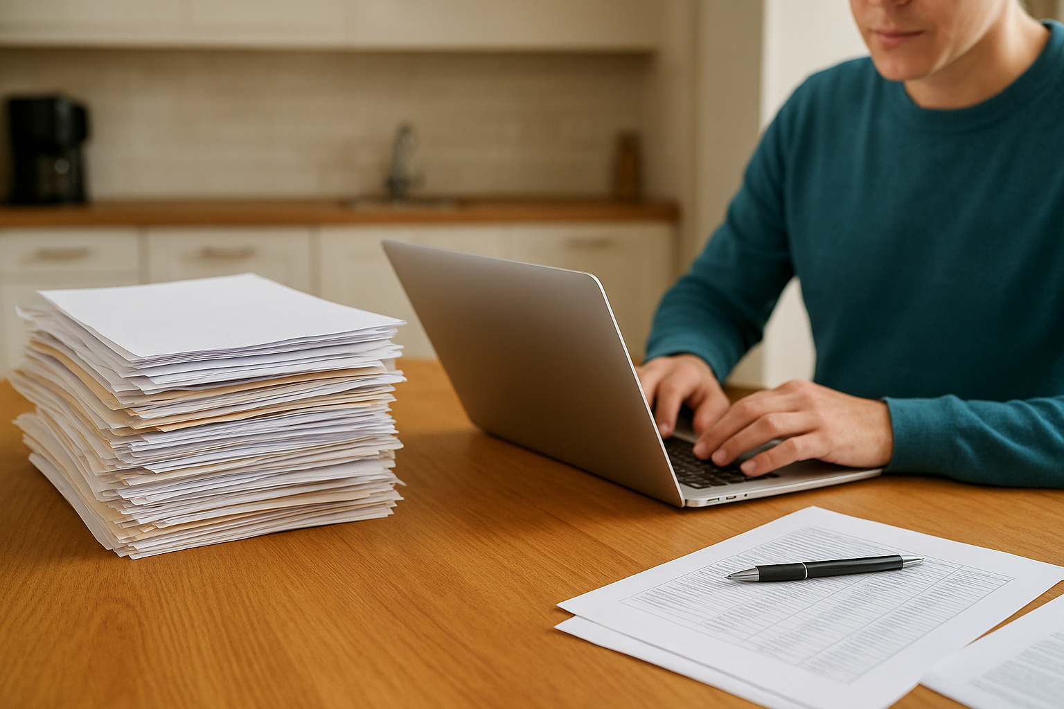 Photo of paperwork on kitchen table and someone working on a laptop